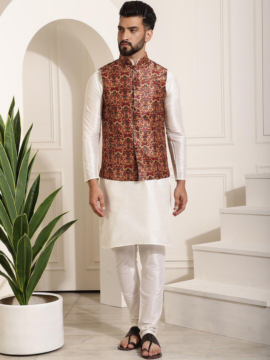 sojanya ethnic print mandrain collar kurta with churidar & nehru jacket