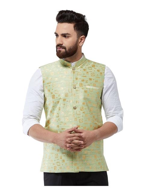 sojanya green & gold printed nehru jacket