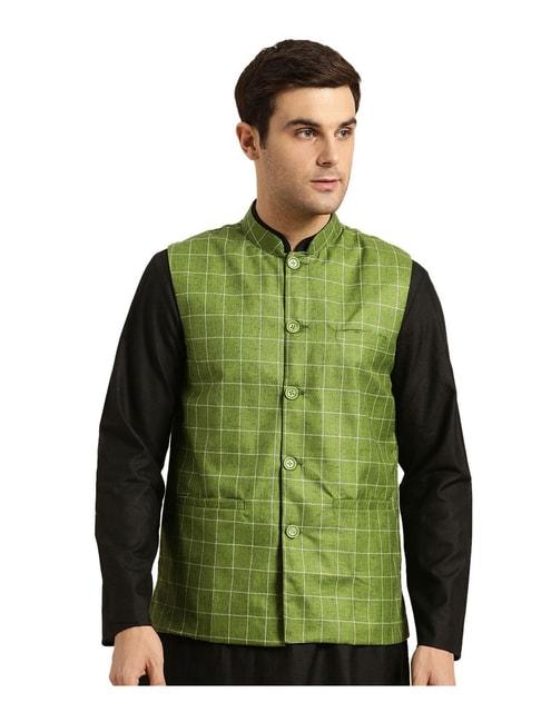 sojanya green & off white checks nehru jacket