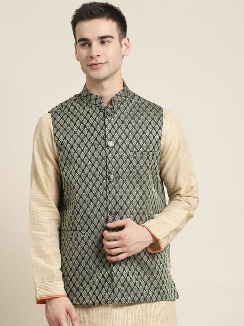 sojanya green comfort fit printed nehru jacket