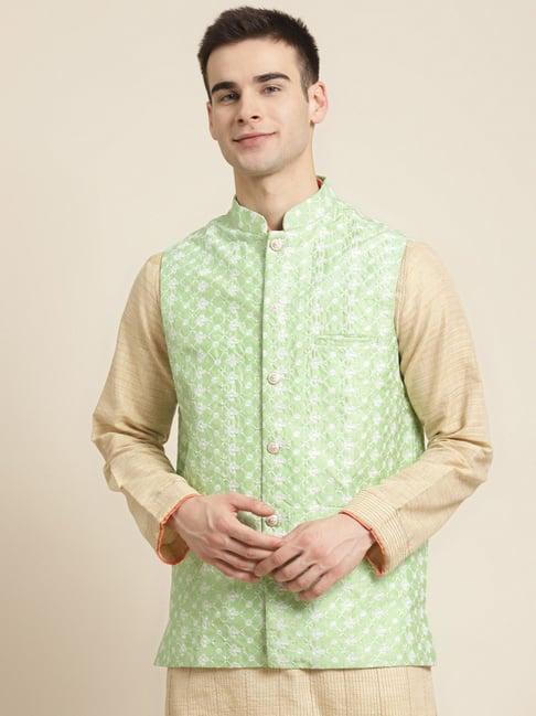 sojanya light green comfort fit embroidered nehru jacket