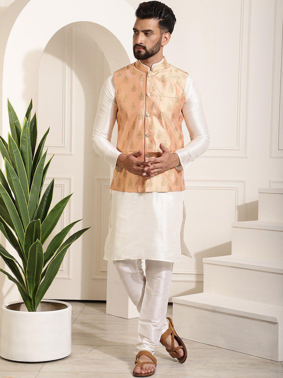 sojanya mandarin collar kurta with churidar & woven nehru jacket