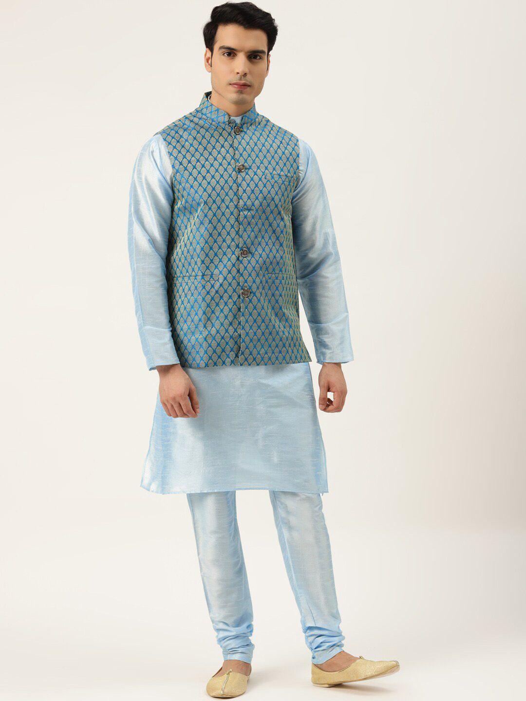 sojanya mandarin collar straight regular kurta with churidar & nehru jacket