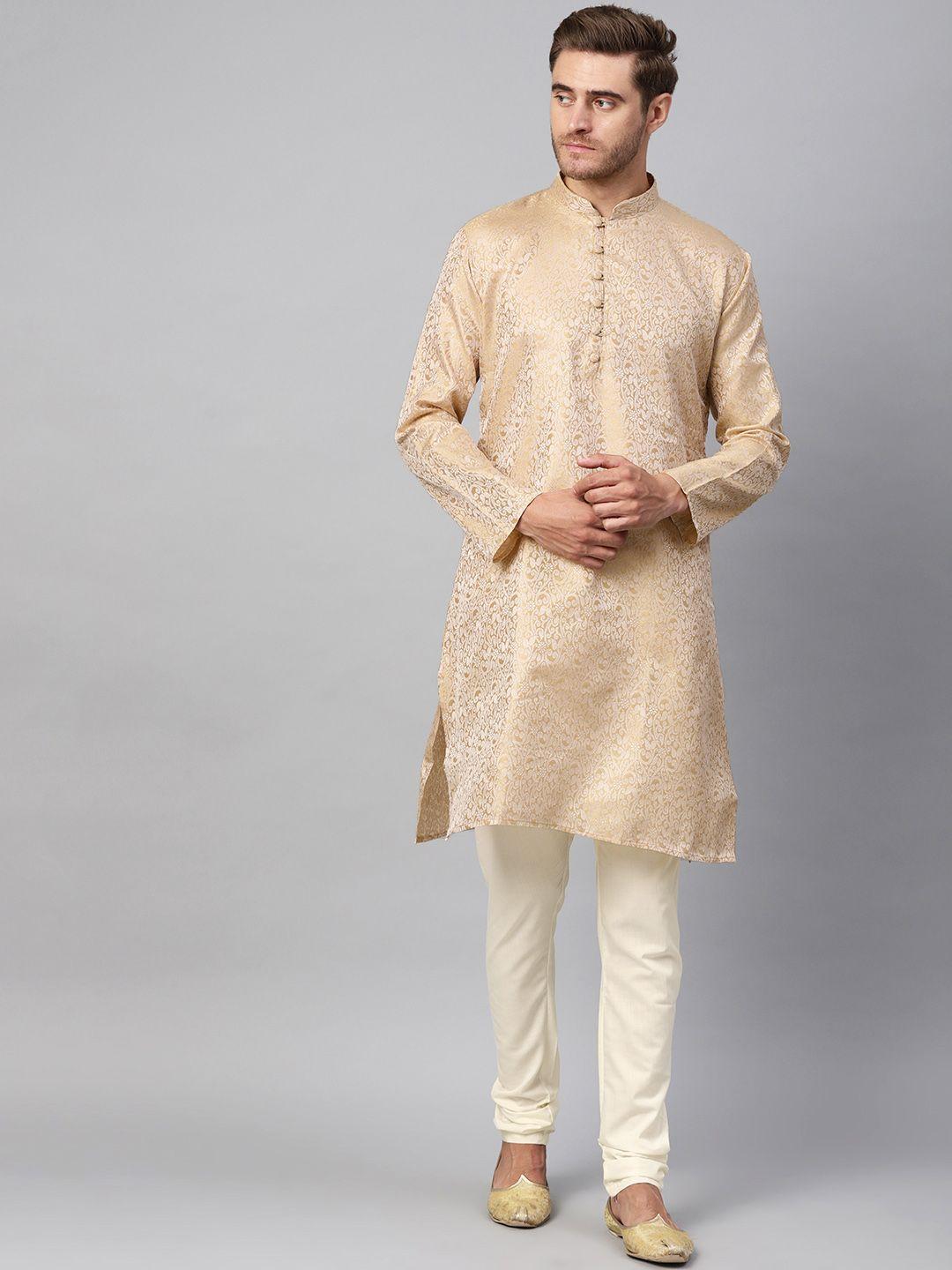 sojanya men beige & off-white self design kurta with churidar