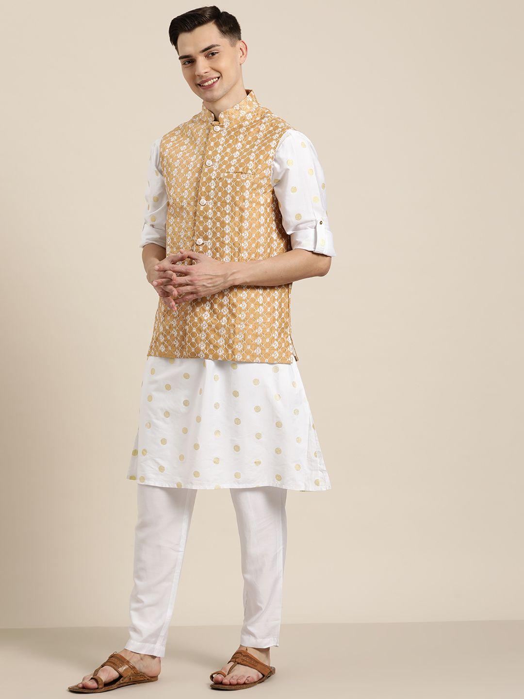 sojanya men beige & white chikankari embroidered nehru jacket