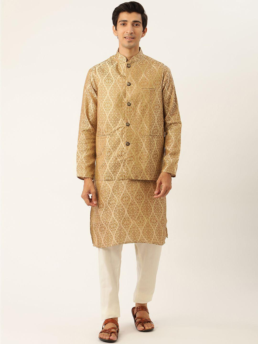 sojanya men beige ethnic motifs kurta set with nehru jacket