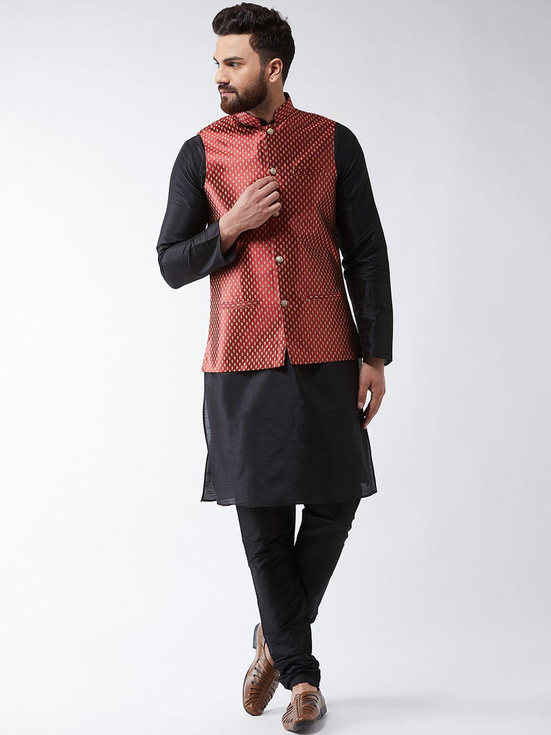 sojanya men black & maroon self design kurta with churidar & nehru jacket