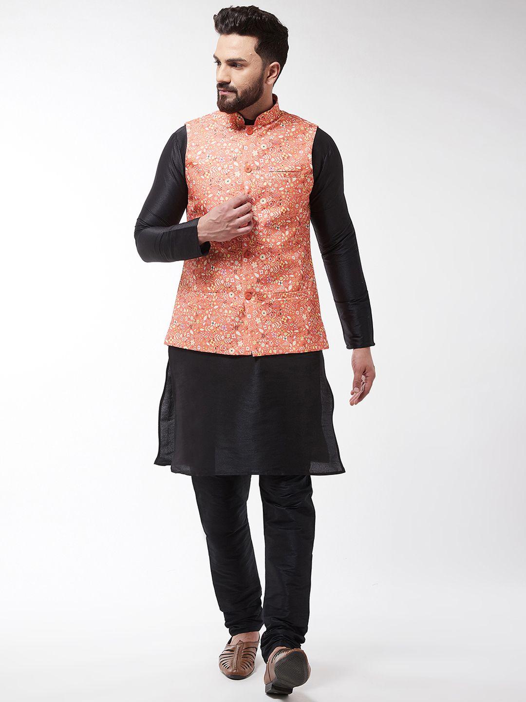 sojanya men black & peach-coloured printed kurta with churidar & nehru jacket