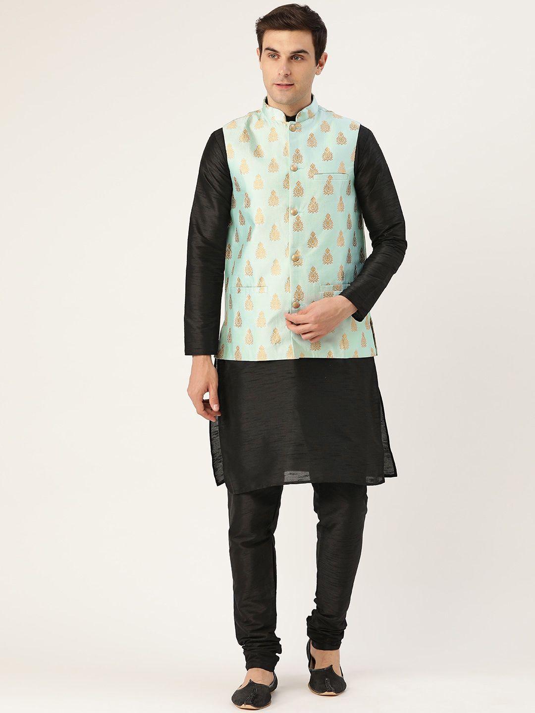 sojanya men black & sea green solid kurta with churidar & nehru jacket