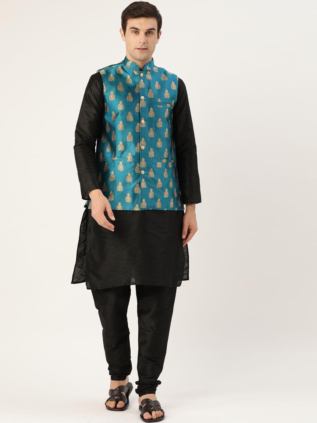 sojanya men black & teal blue solid kurta with churidar & nehru jacket
