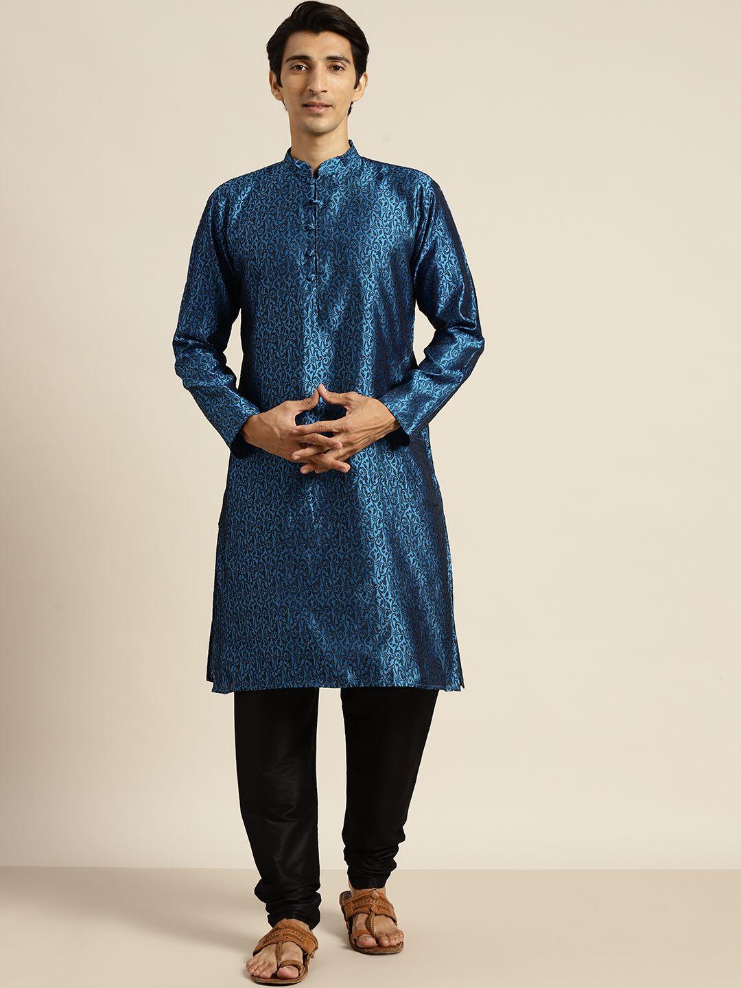 sojanya men blue & black woven design kurta