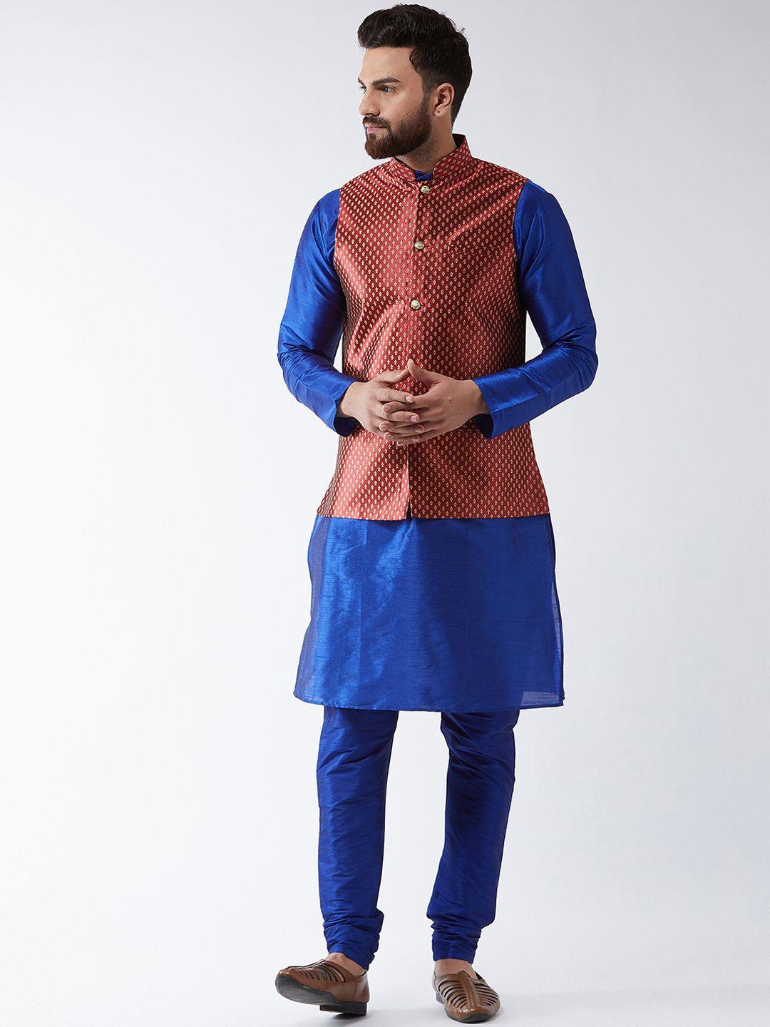 sojanya men blue & maroon self design kurta with churidar & nehru jacket