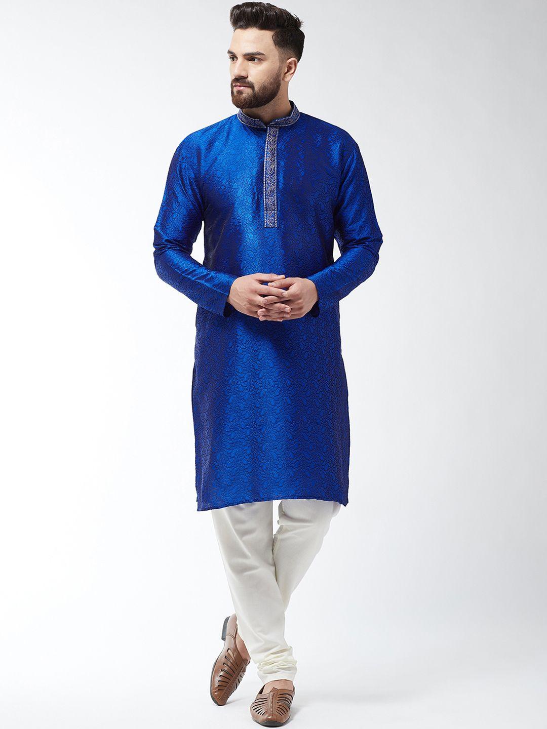 sojanya men blue & off-white self design kurta with churidar