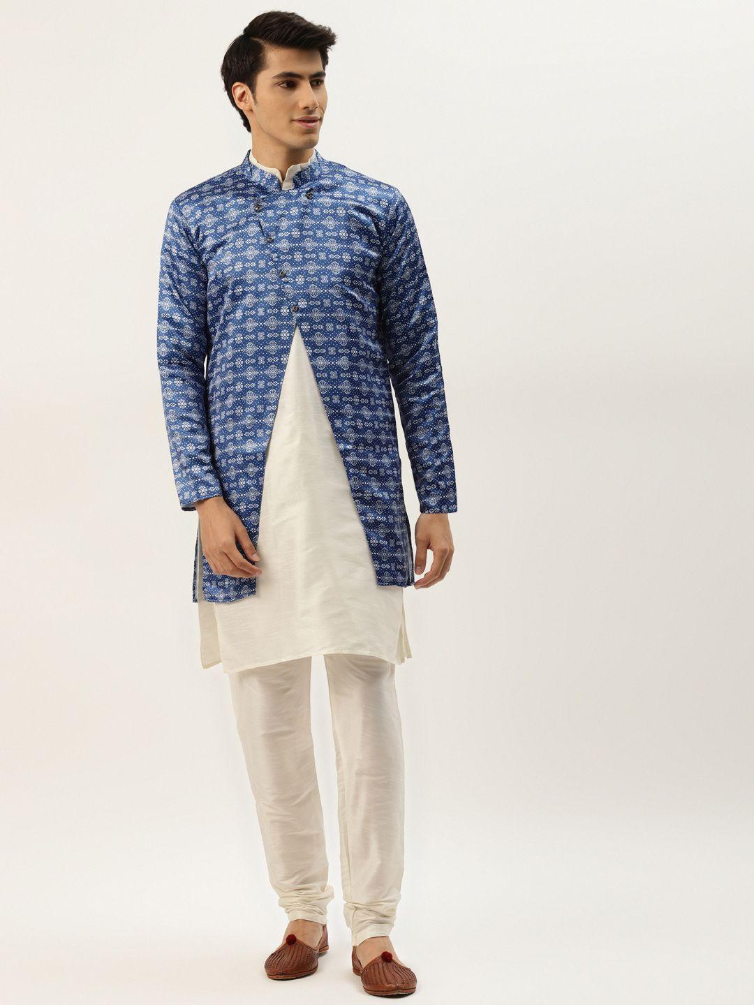 sojanya men blue & off-white solid kurta pyjama & printed sherwani set
