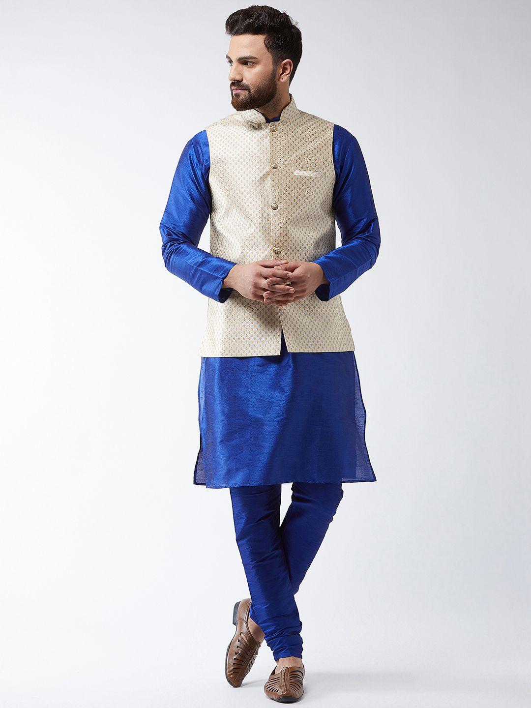 sojanya men blue & off-white solid kurta with churidar  & nehru jacket