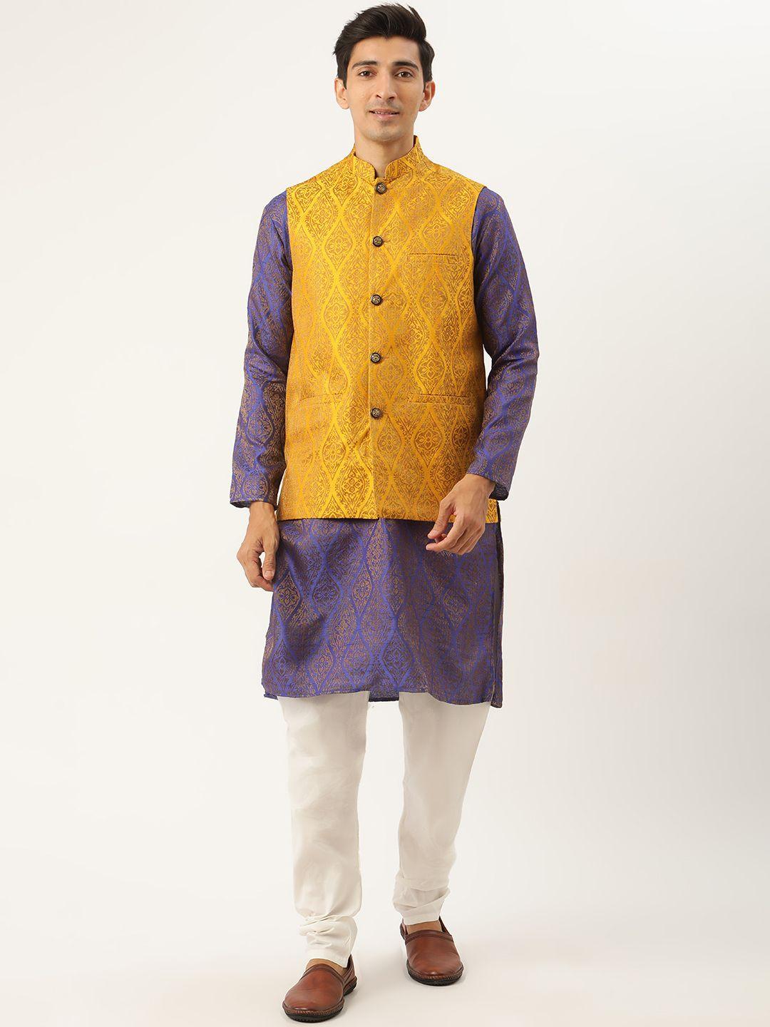 sojanya men blue ethnic motifs jacquard silk kurta with churidar & nehru jacket