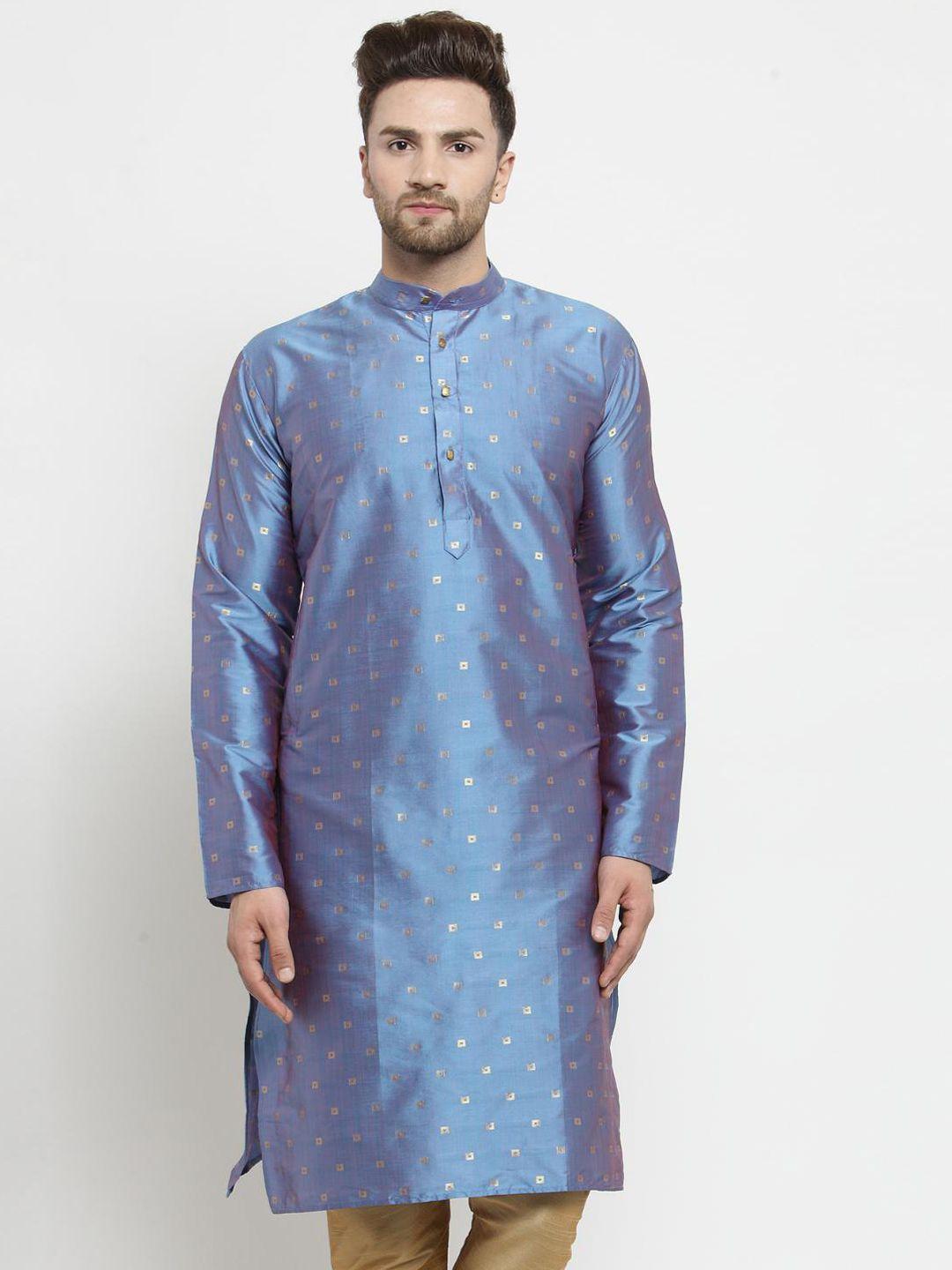 sojanya men blue printed straight silk blend kurta