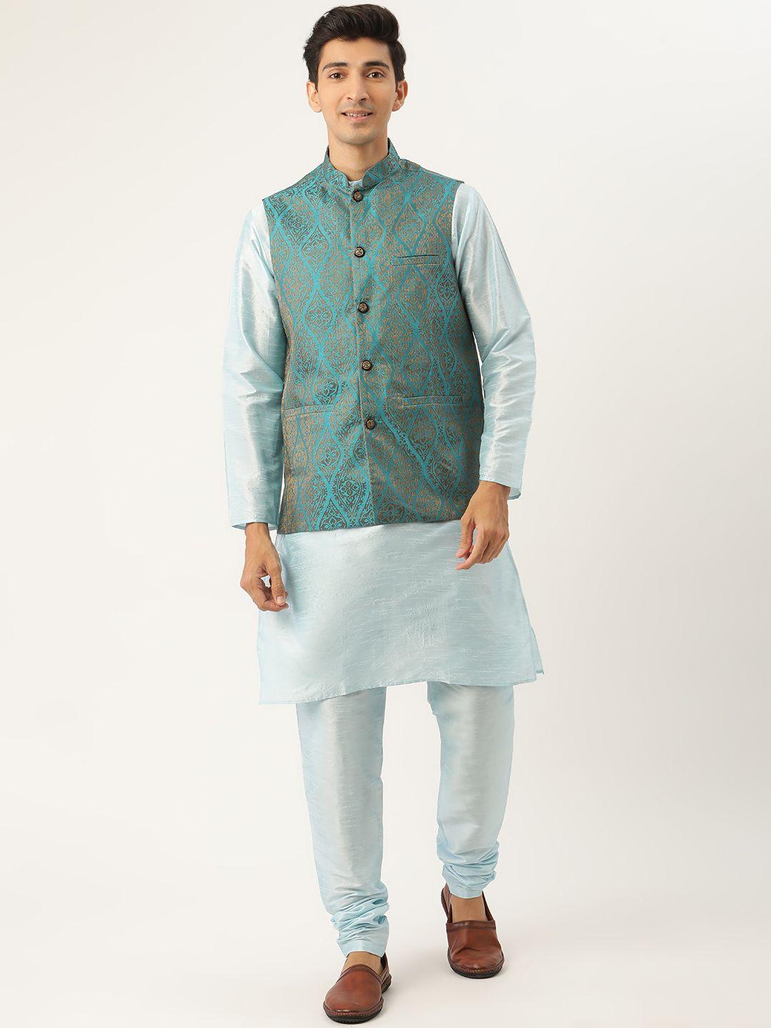 sojanya men blue solid kurta set with ethnic motifs nehru jacket