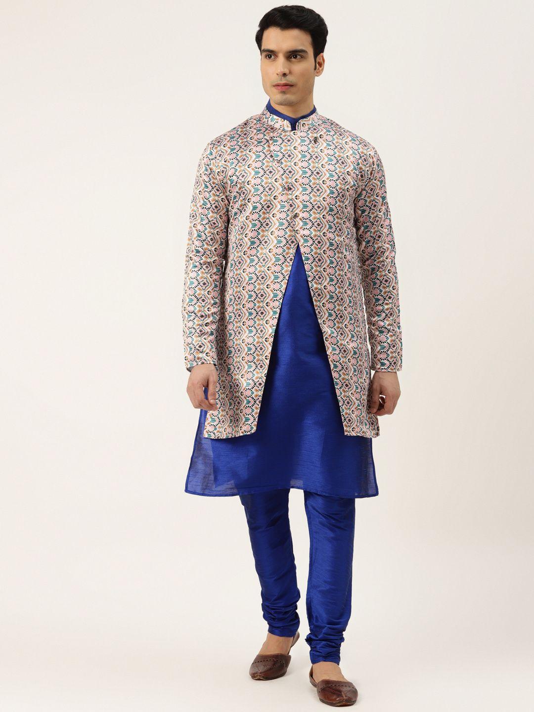 sojanya men blue solid kurta with churidar & jacket