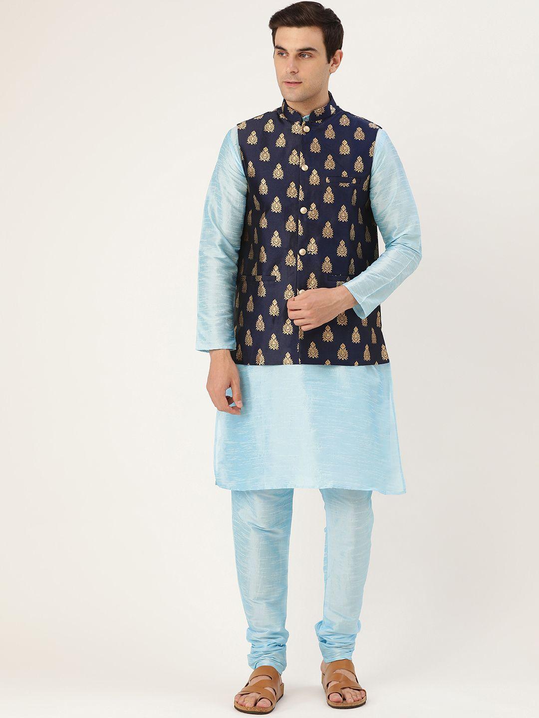 sojanya men blue solid kurta with churidar & nehru jacket