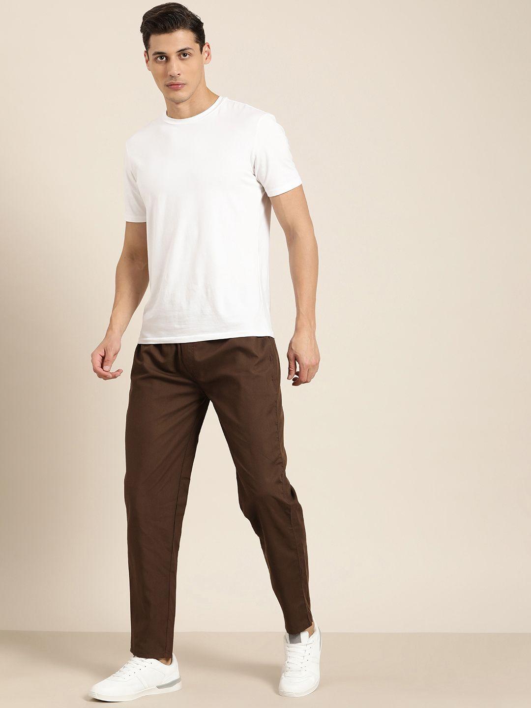sojanya men brown solid cotton regular fit track pants