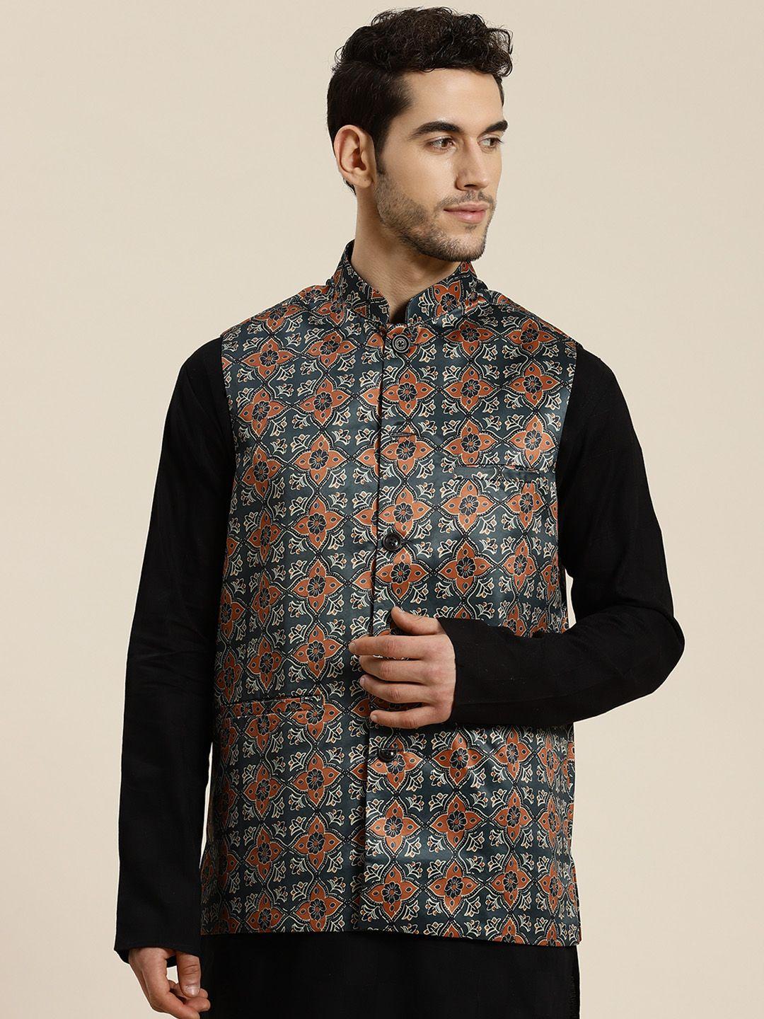sojanya-men-charcoal-grey-&-brown-printed-nehru-jacket