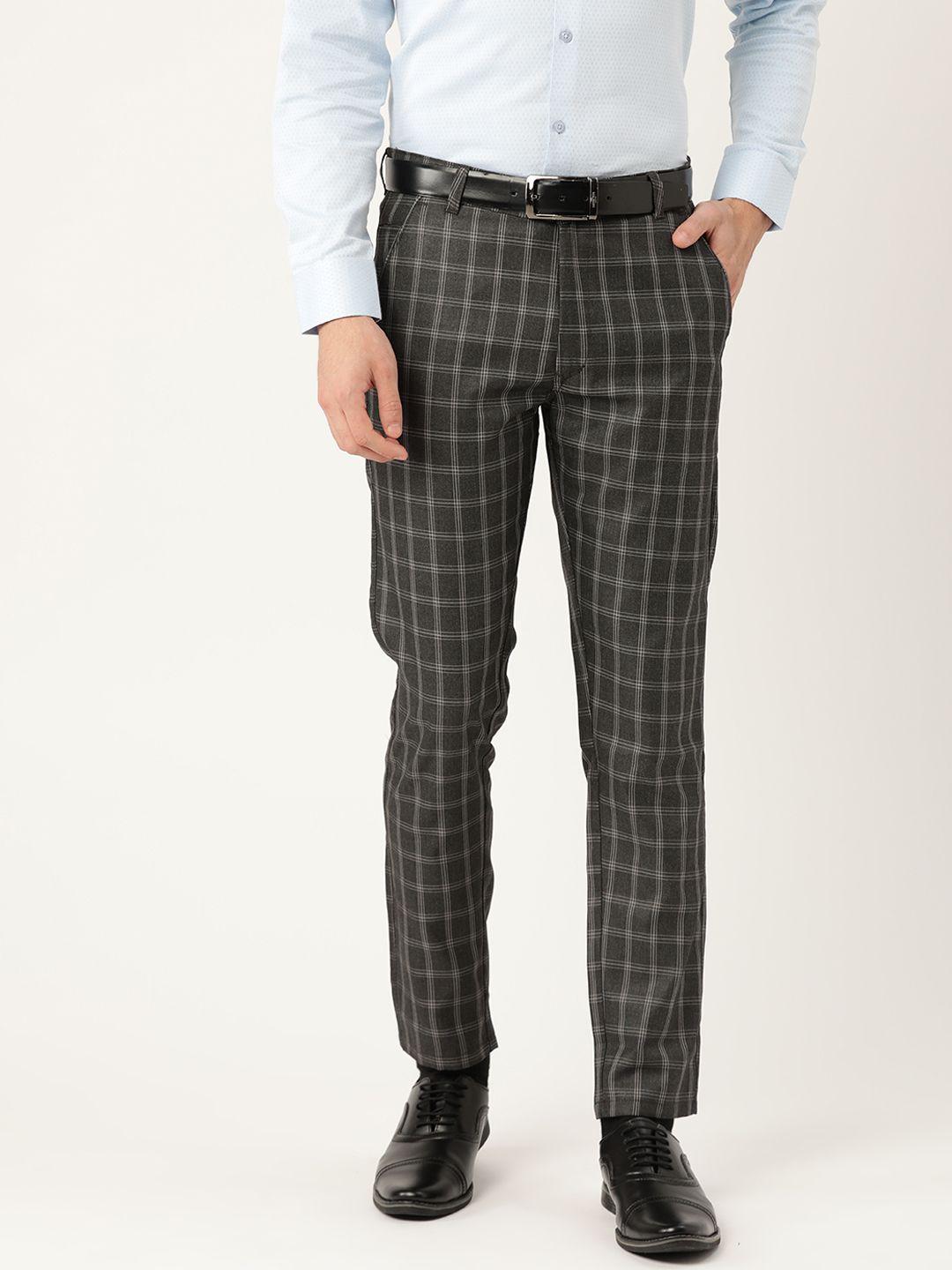 sojanya men charcoal grey & off-white smart regular fit checked formal trousers