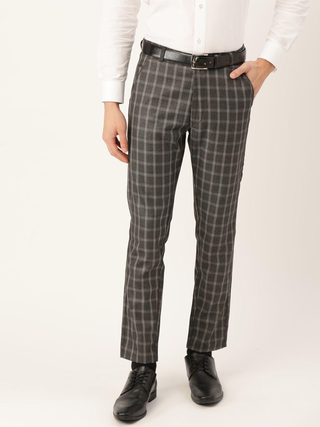 sojanya men charcoal grey & white checked smart fit formal trousers