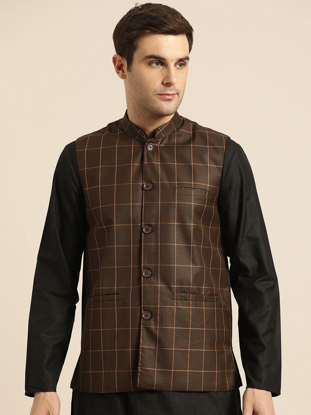 sojanya men coffee brown & beige checked nehru jacket