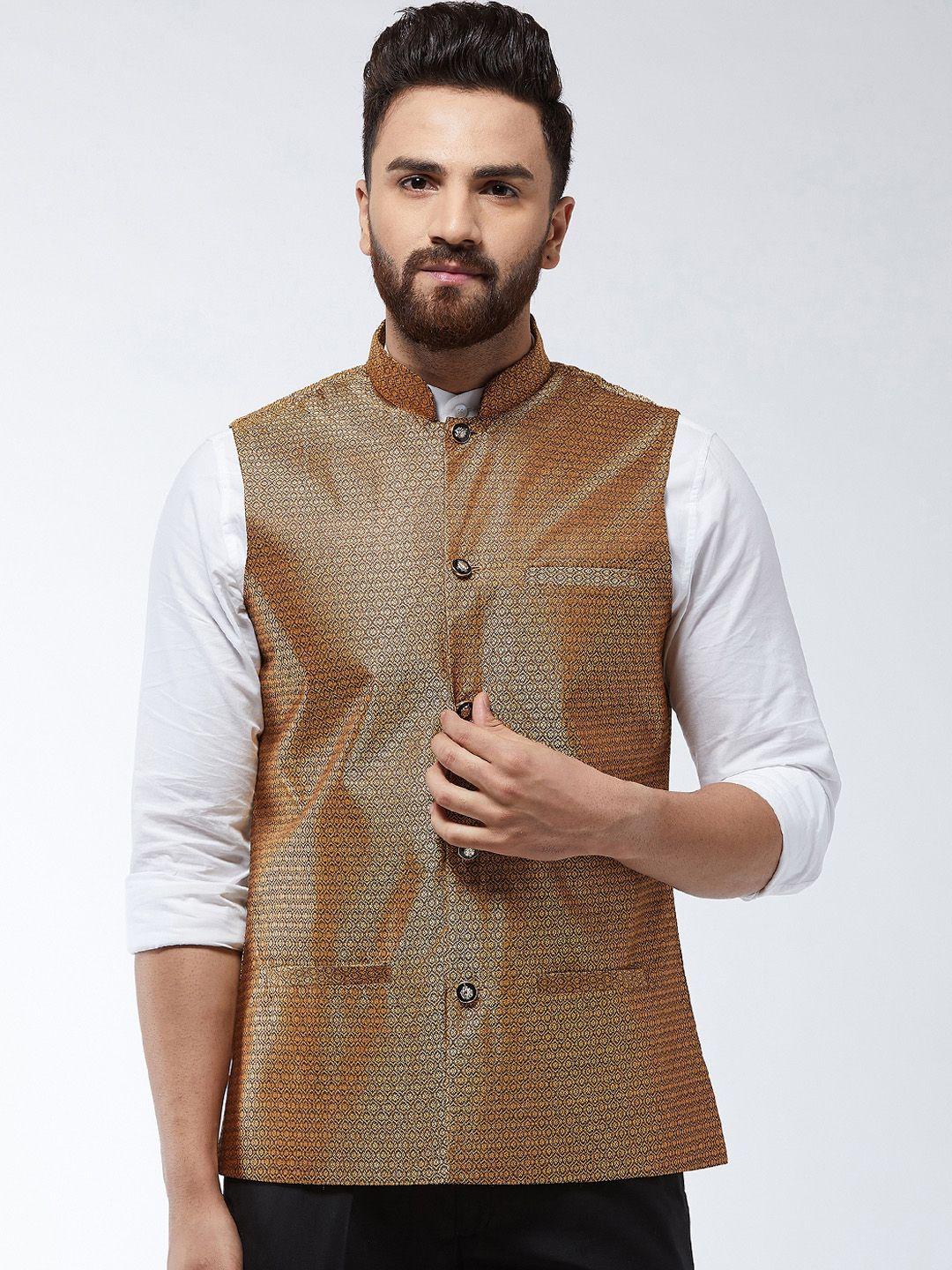 sojanya men copper-coloured woven design nehru jacket