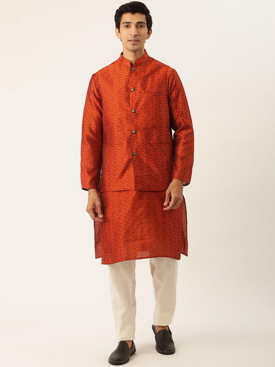 sojanya men coral red & off-white woven design kurta with pyjamas & nehru jacket