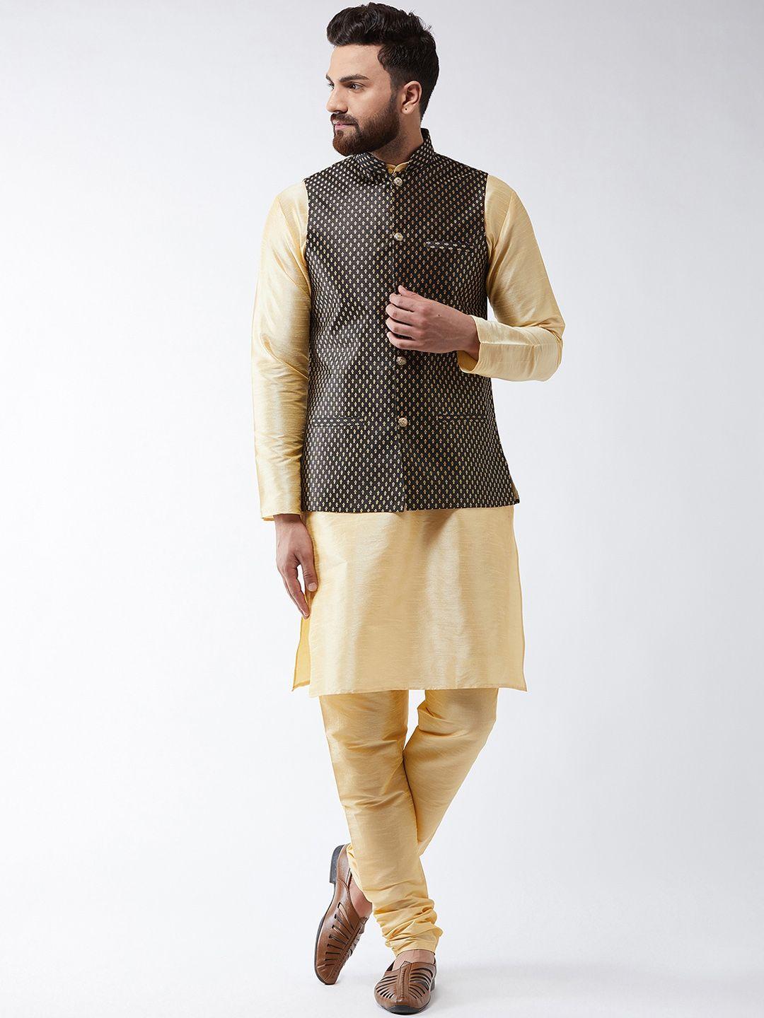 sojanya men cream-coloured & black self design kurta with churidar & nehru jacket