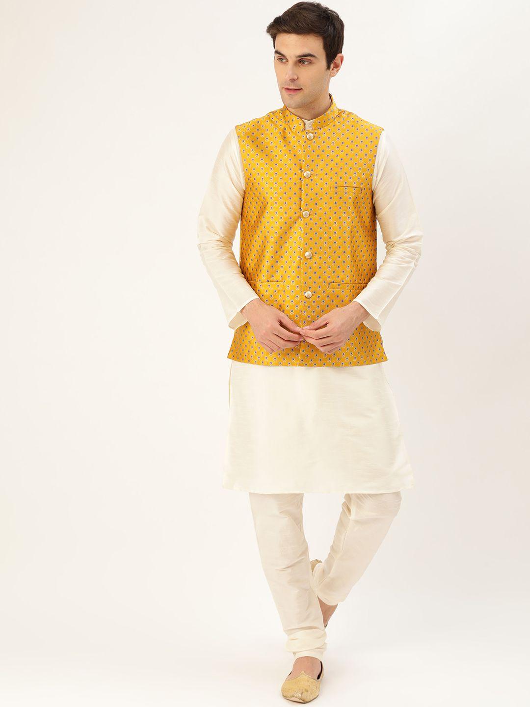 sojanya men cream-coloured & mustard yellow solid kurta with churidar & nehru jacket