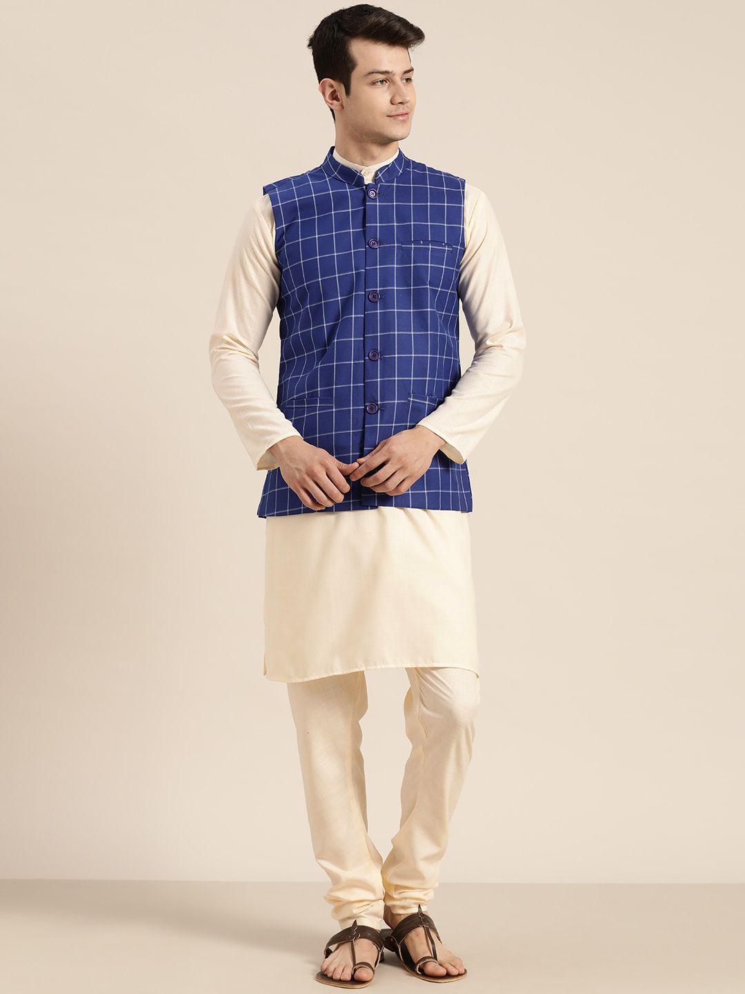 sojanya men cream-coloured solid kurta with churidar & nehru jacket