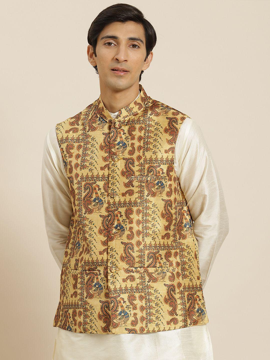 sojanya men gold & rust orange ethnic motifs print nehru jacket