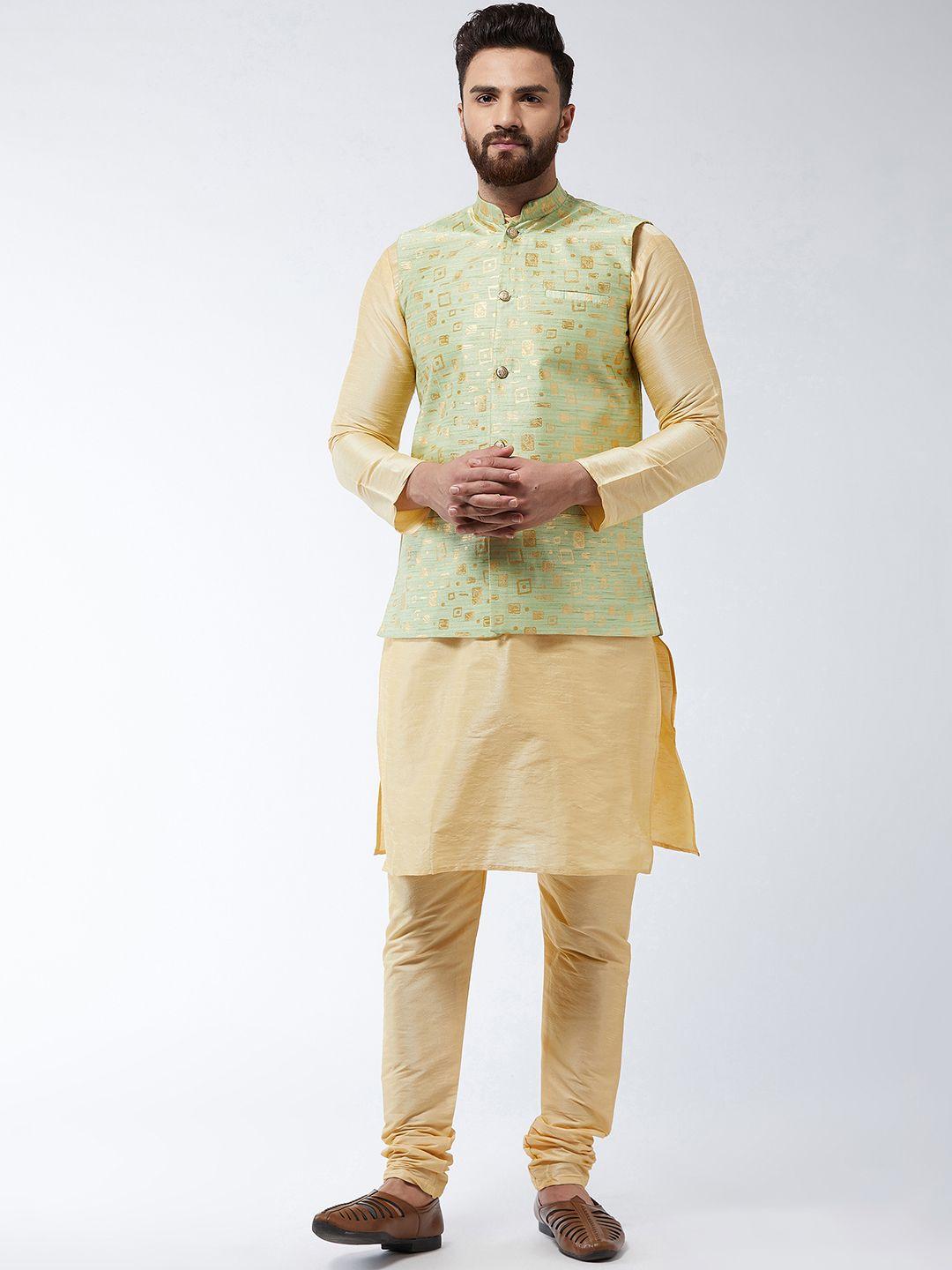 sojanya men gold-toned & green solid kurta set & nehru jacket