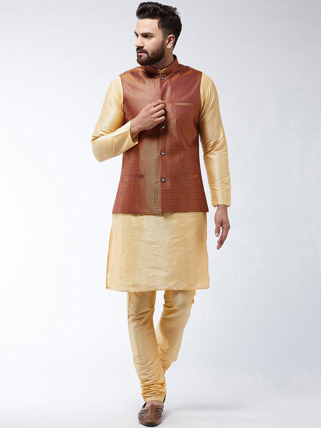sojanya men gold-toned solid kurta and churidar  & nehru jacket