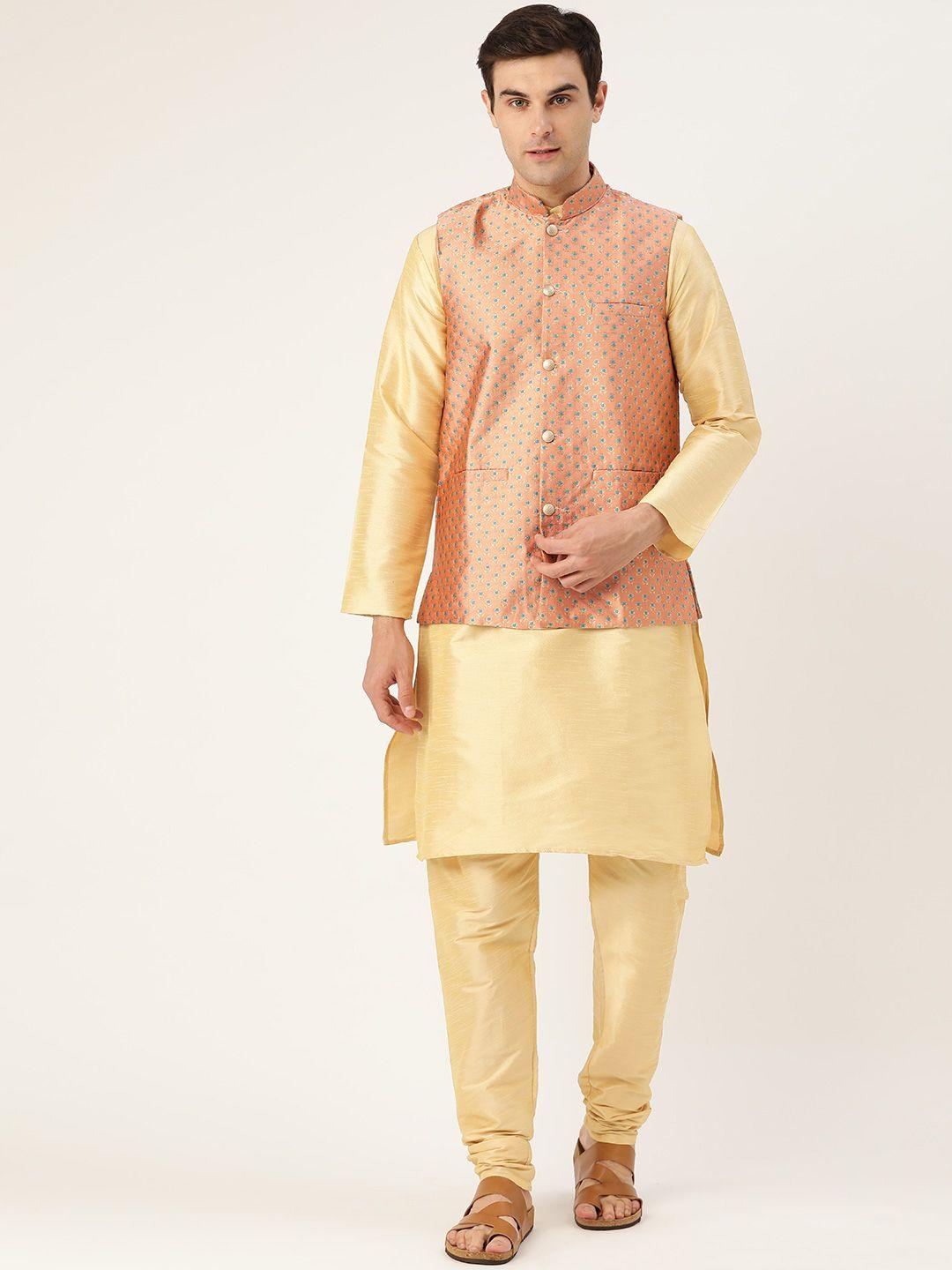 sojanya men golden & peach-coloured solid kurta with churidar & nehru jacket