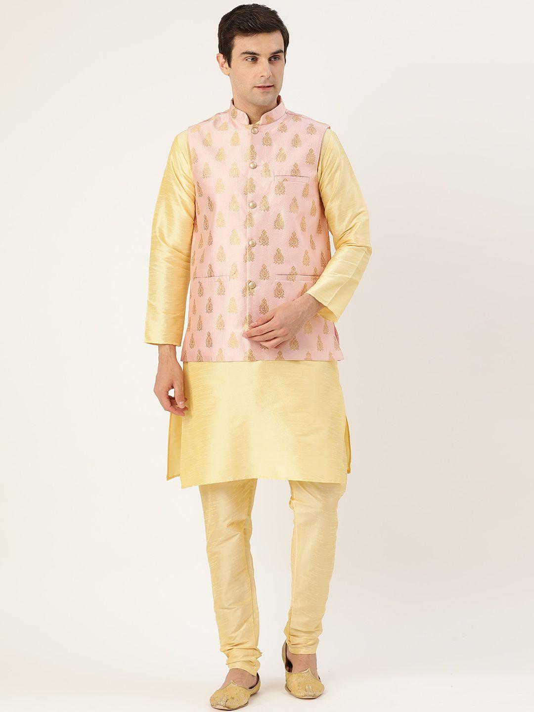 sojanya men golden & pink solid kurta with churidar & nehru jacket