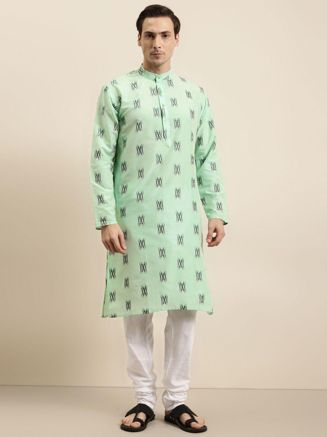 sojanya men green & black geometric ikkat cotton kurta
