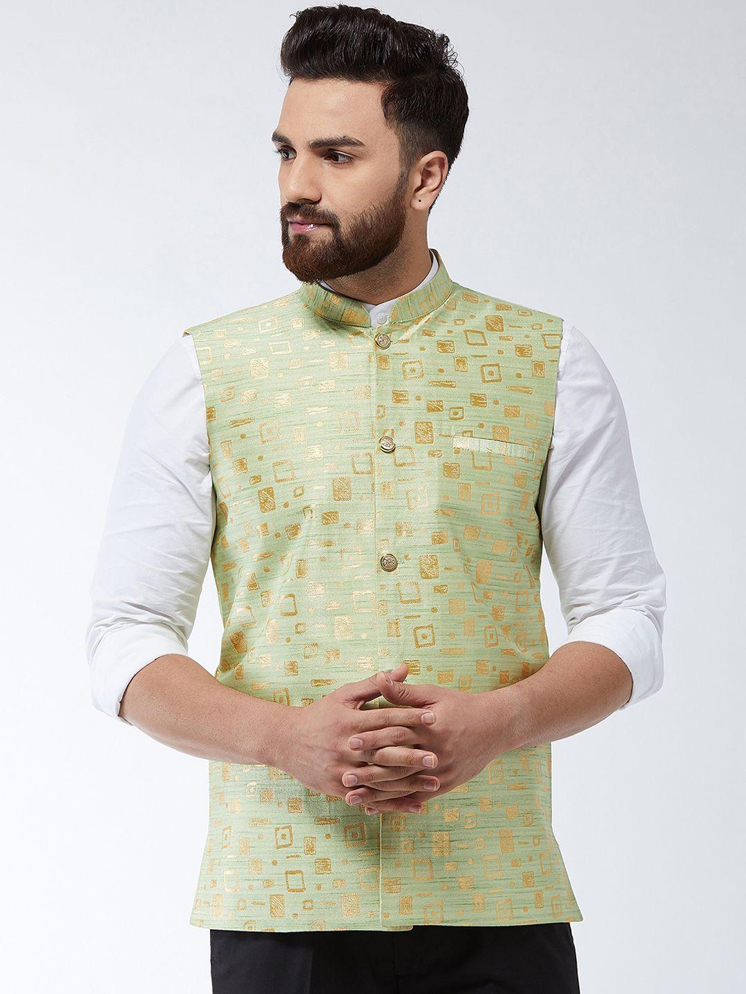 sojanya men green & gold-coloured woven design nehru jacket