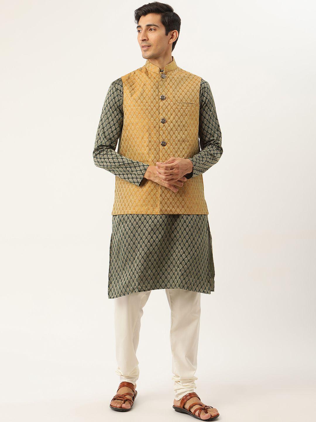 sojanya men green & mustard yellow ethnic motifs kurta with churidar & nehru jacket