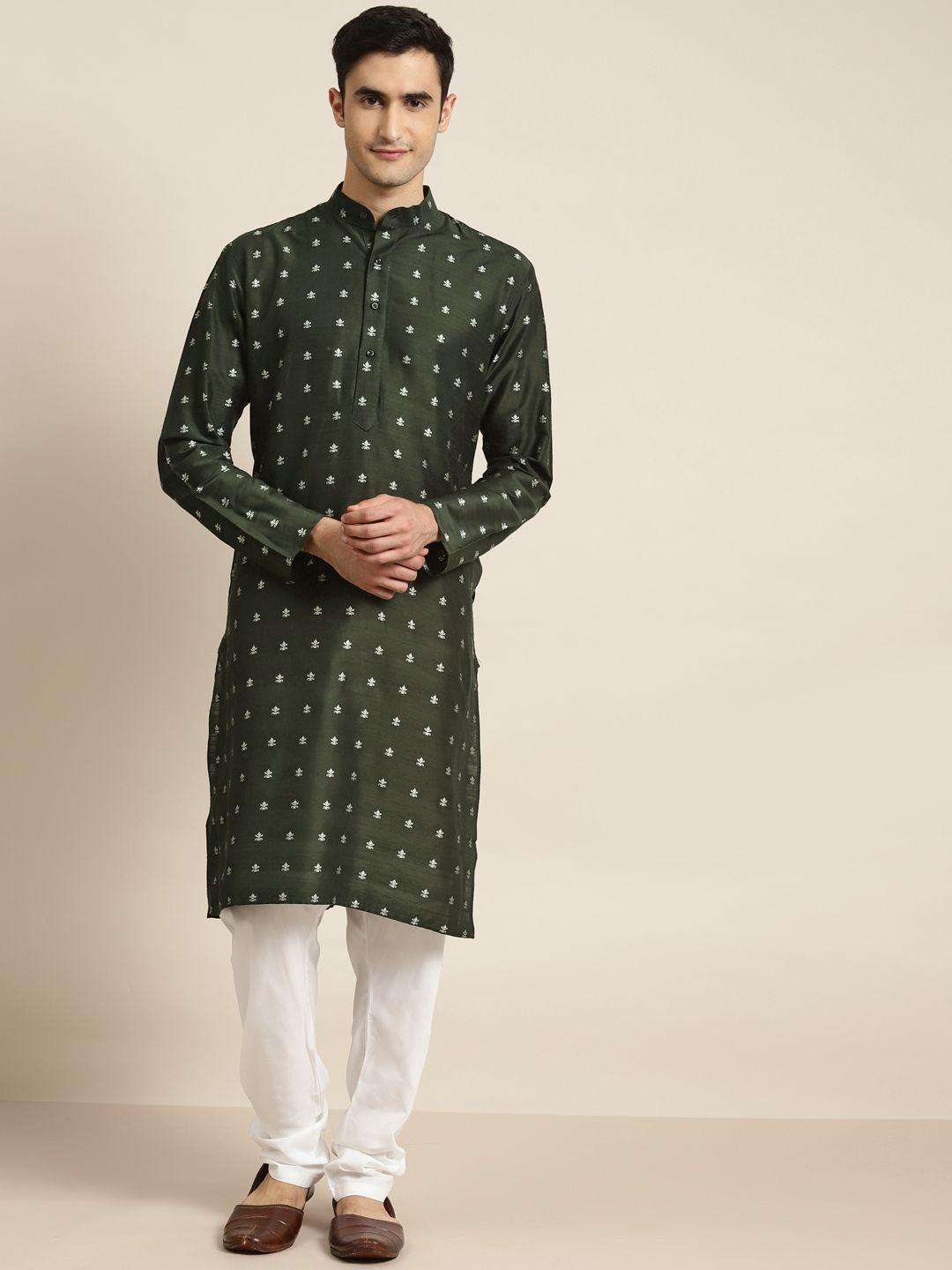 sojanya men green & off-white jacquard woven design kurta with churidar