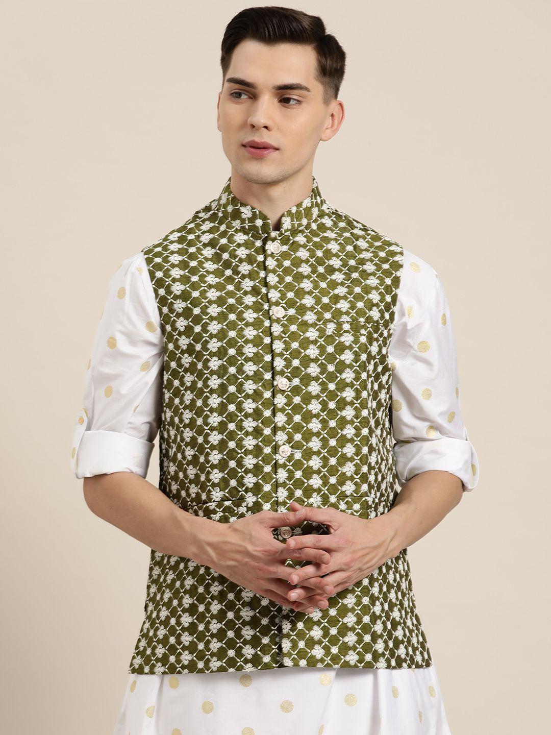sojanya men green & white chikankari embroidered nehru jacket