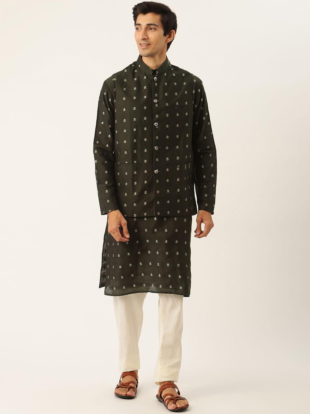 sojanya men green ethnic motifs kurta set with nehru jacket