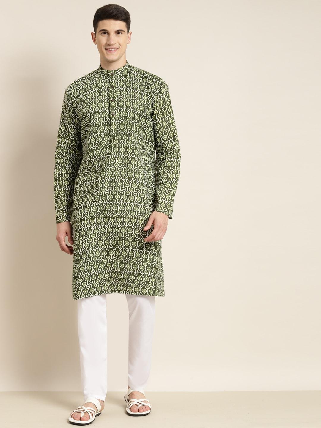sojanya men green printed cotton kurta with churidar