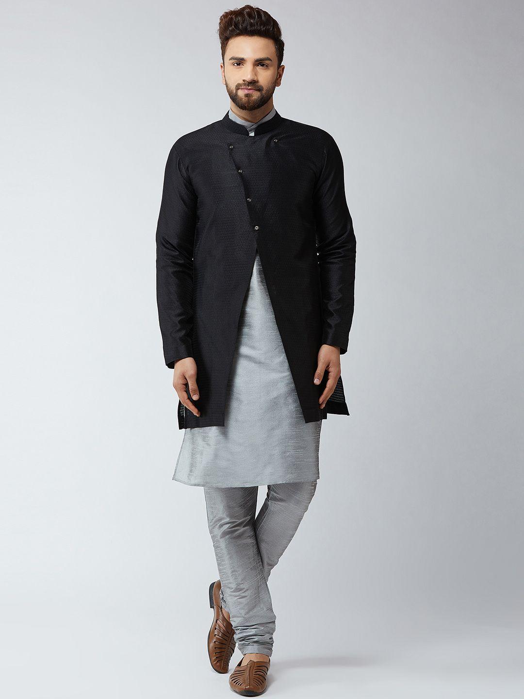 sojanya men grey & black self-design sherwani set