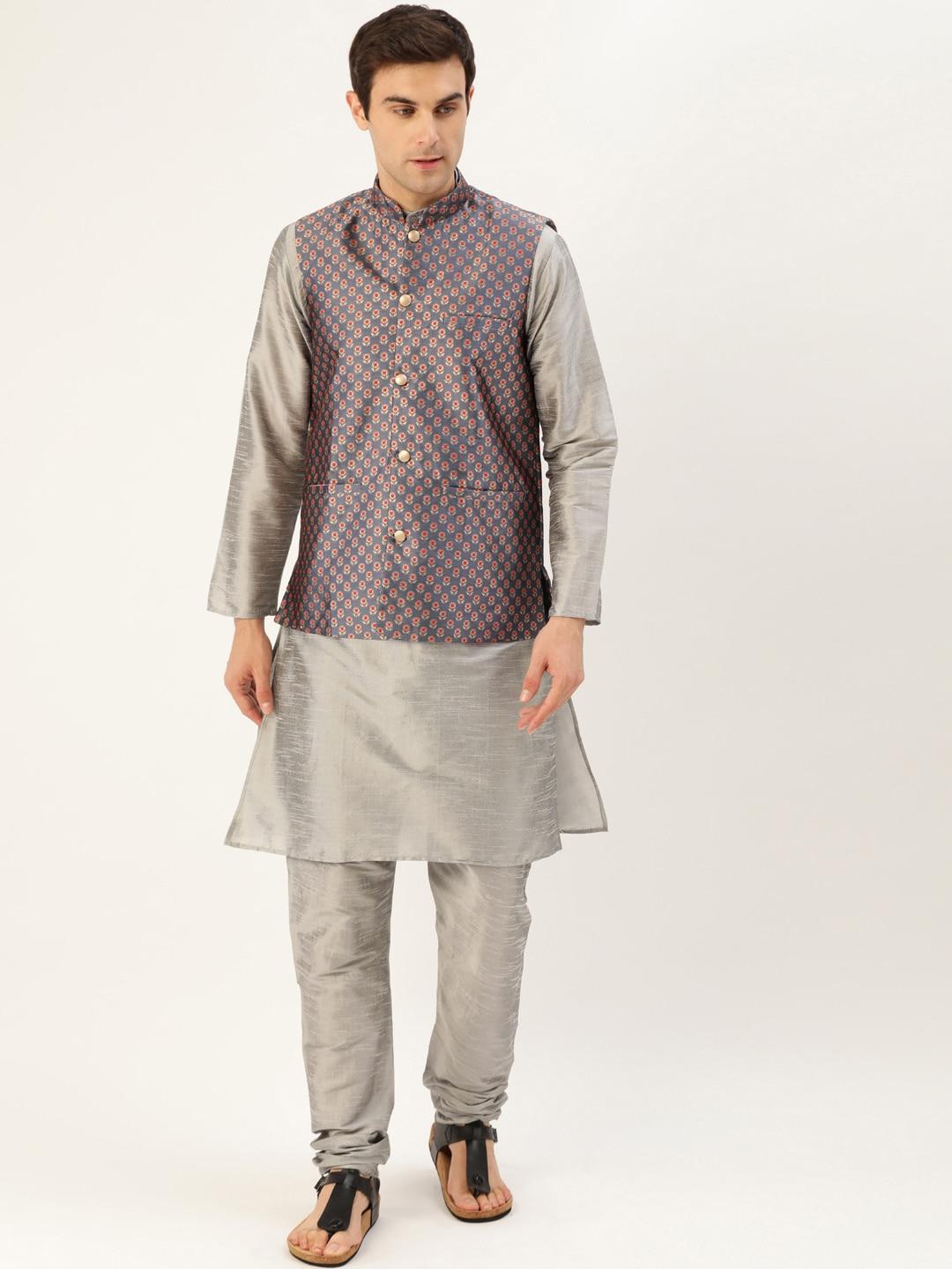 sojanya men grey & golden solid kurta with churidar & nehru jacket