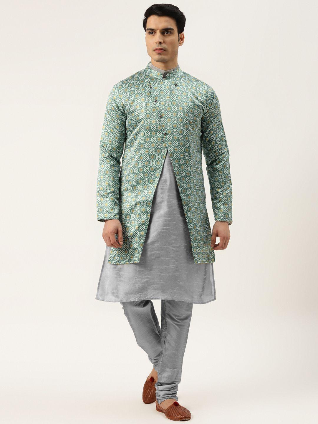 sojanya men grey & green solid kurta with churidar & printed jacket