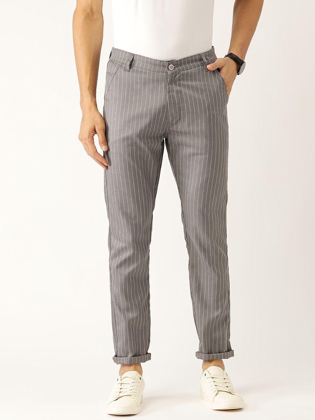 sojanya men grey & off-white smart regular fit striped smart casual trousers